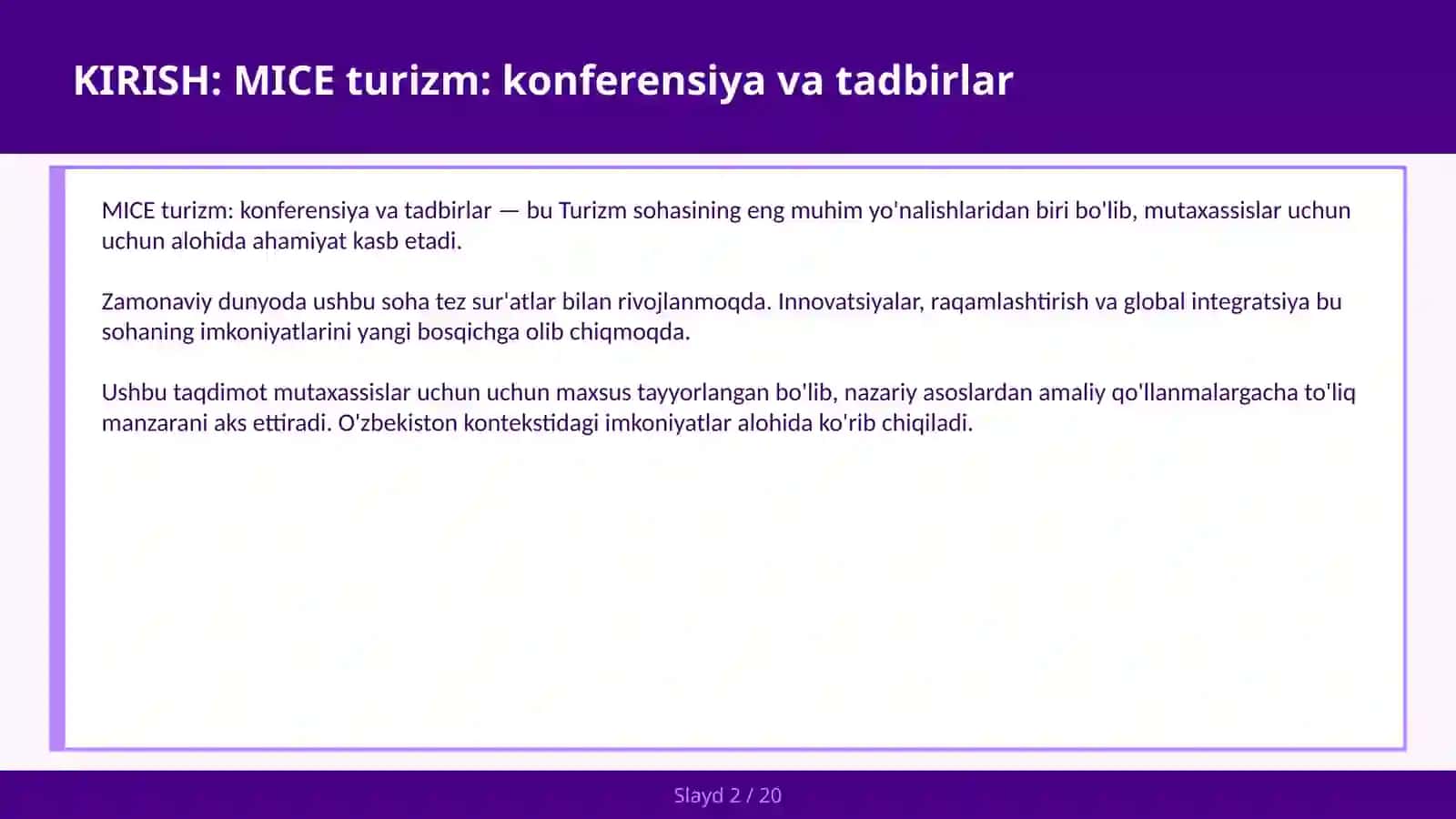 MICE TURIZM: KONFERENSIYA VA TADBIRLAR 2