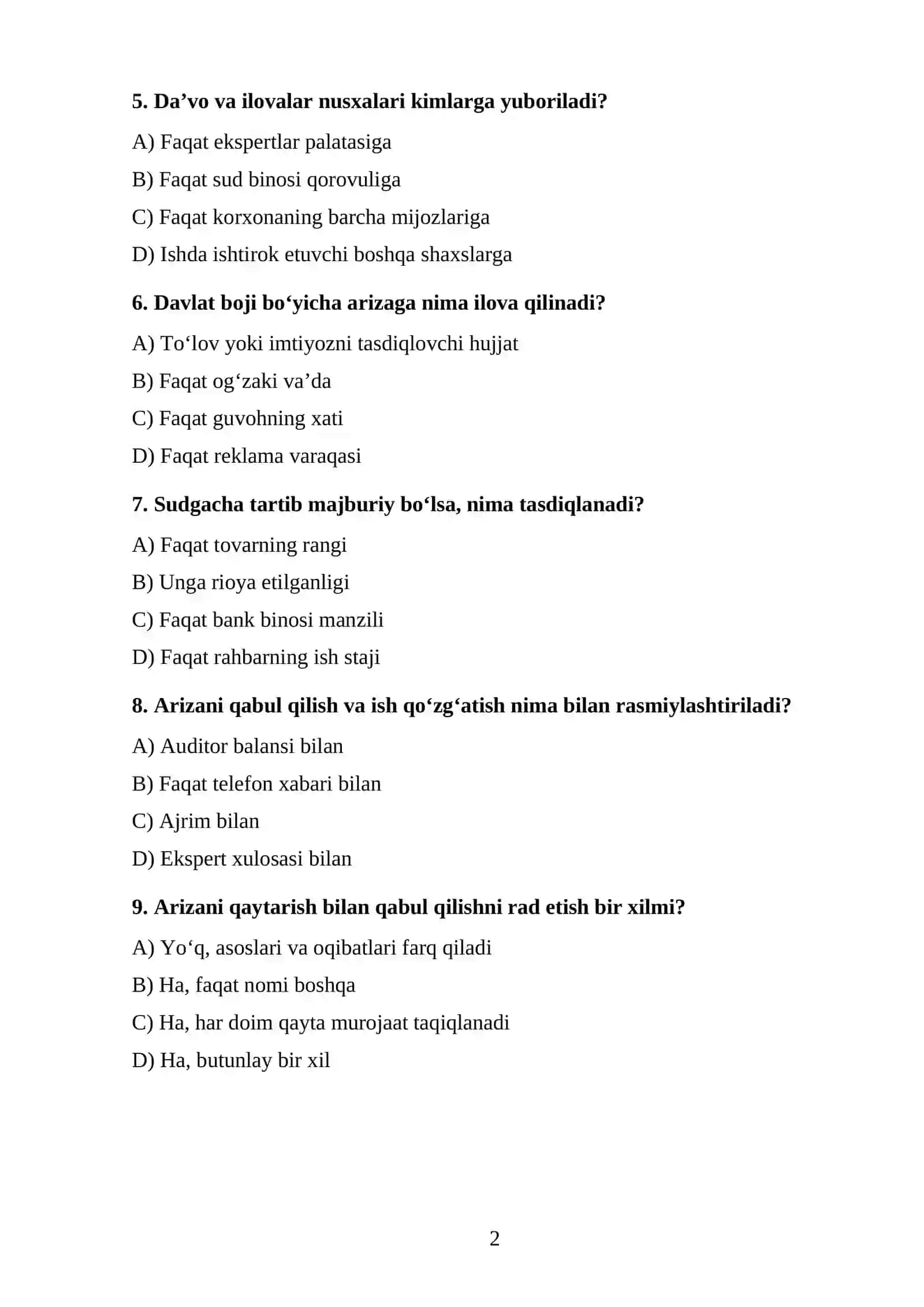 Iqtisodiy ishini qo‘zg‘atish tartibi TEST. 2
