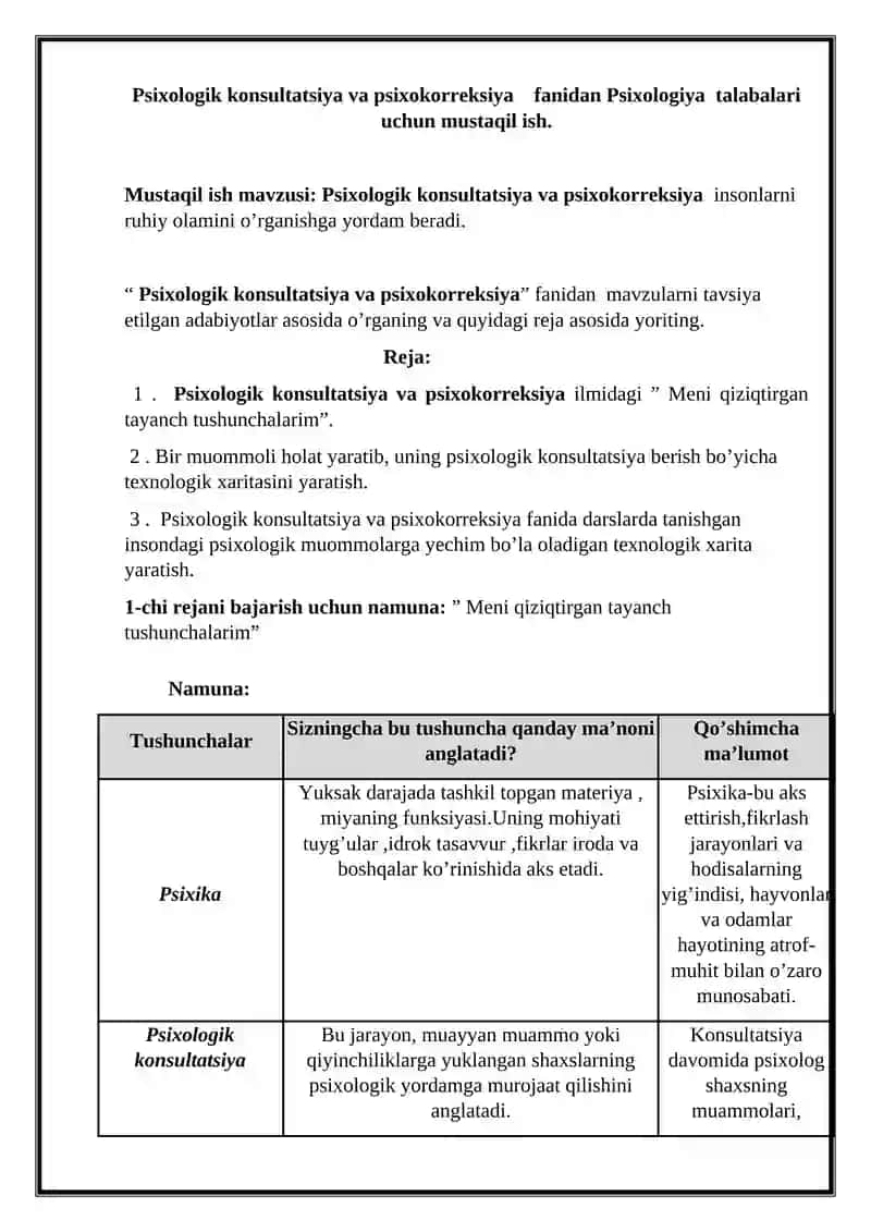 Psixologik konsultatsiya va psixokorreksiya fanidan MUSTAQIL ISHI 2