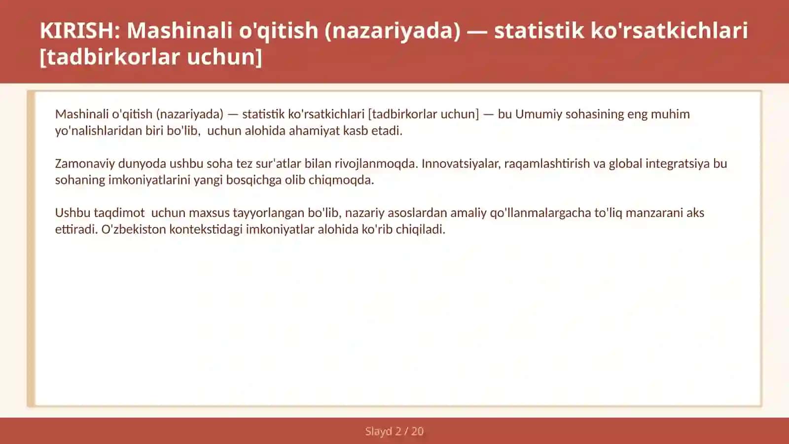 MASHINALI O'QITISH (NAZARIYADA) — STATISTIK KO'RSATKICHLARI [TADBIRKORLAR UCHUN] 2