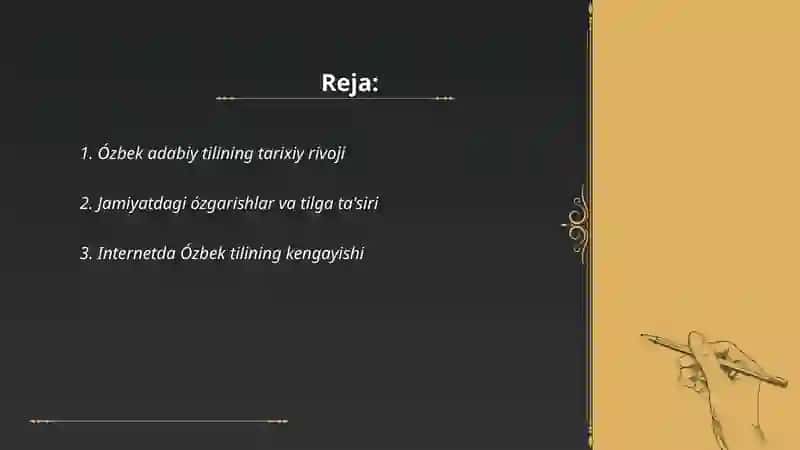 Ózbek adabiy tilining ijtimoiy kengayishi,jamiyatdagi ózgarishlar va til rivojiga doir matbuot materiallari asosida amallar bajarish 2