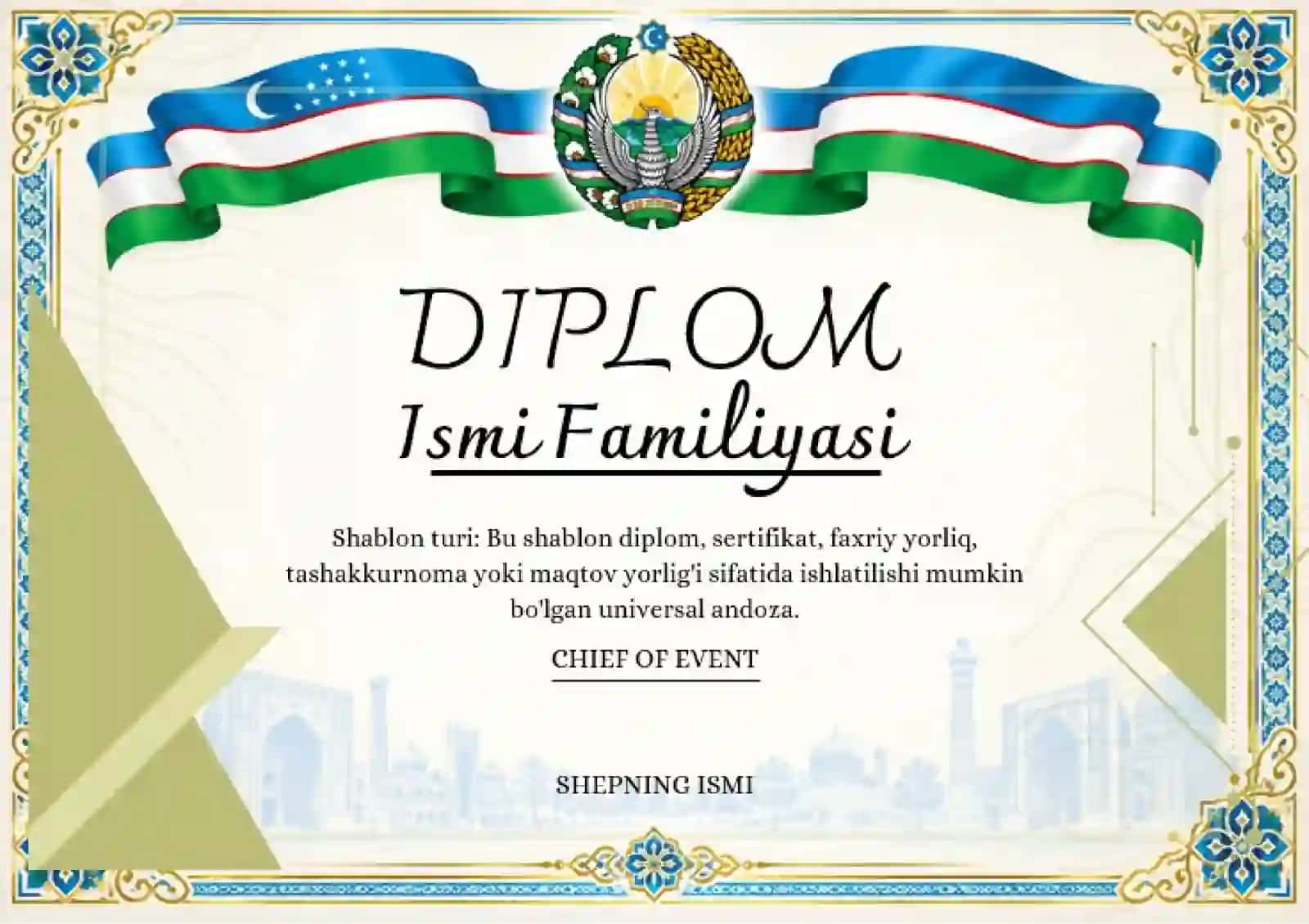 Shablon diplom, sertifikat, faxriy yorliq, tashakkurnoma yoki maqtov yorlig'i 2