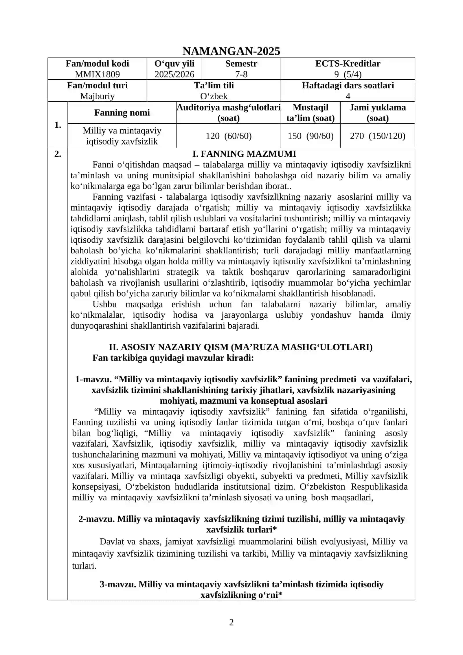 MILLIY VA MINTAQAVIY IQTISODIY XAVFSIZLIK 2