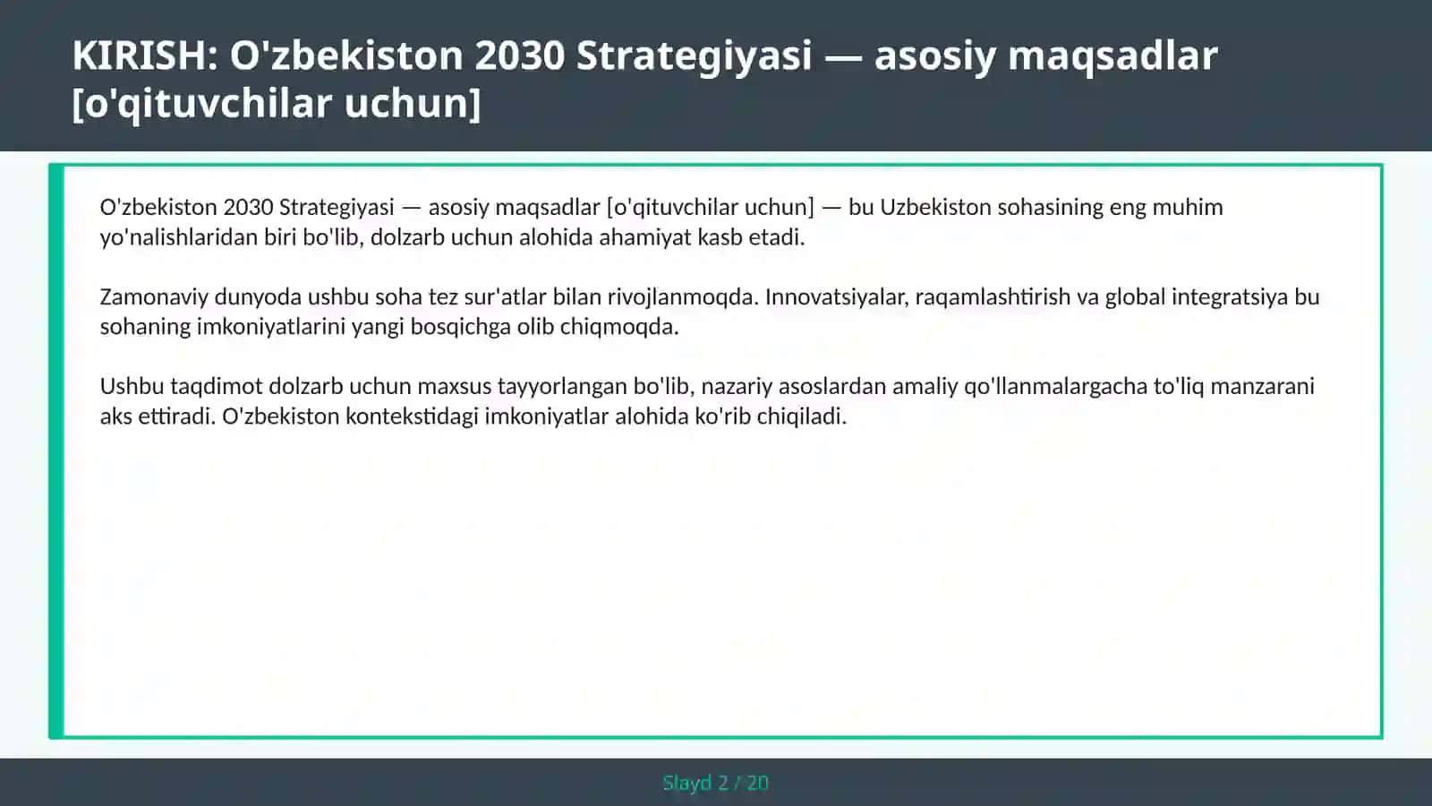 O'zbekiston 2030 Strategiyasi — asosiy maqsadlar [o'qituvchilar uchun] 2