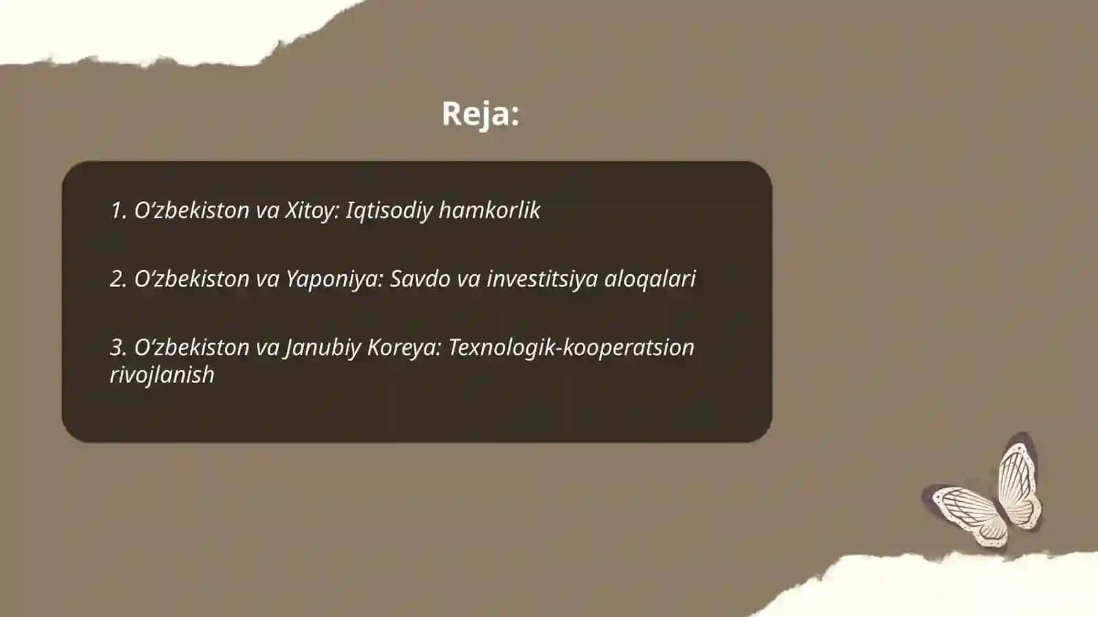 Õzbekiston Respublikasining Sharq davlatlari bilan iqtisodiy hamkorliklari. Õzbekistonning Sharq davlatlari tashkilotlariga a'zo bõlganligi. Õzbekistonning Sharq davlatlarining nufuzli universitetlari bilan hamkorligi 2