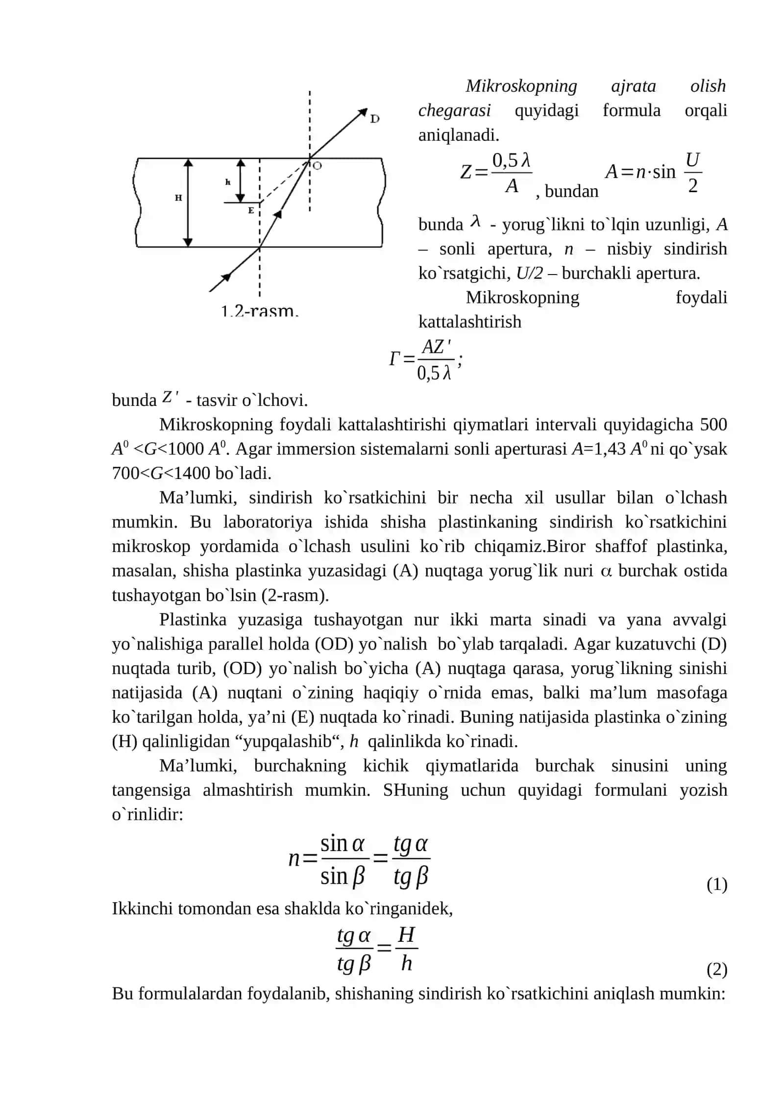 Laboratoriya Ishi: Mikroskopning Tuzilishini O`rganish va uning Yordamida Shisha Plastinkaning Sindirish Ko`rsatkichini Aniqlash 2