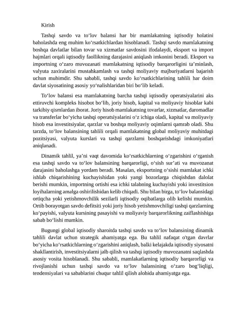 Tashqi savdo va to'lov balansi ko'rsatkichlarining dinamik tahlili 2