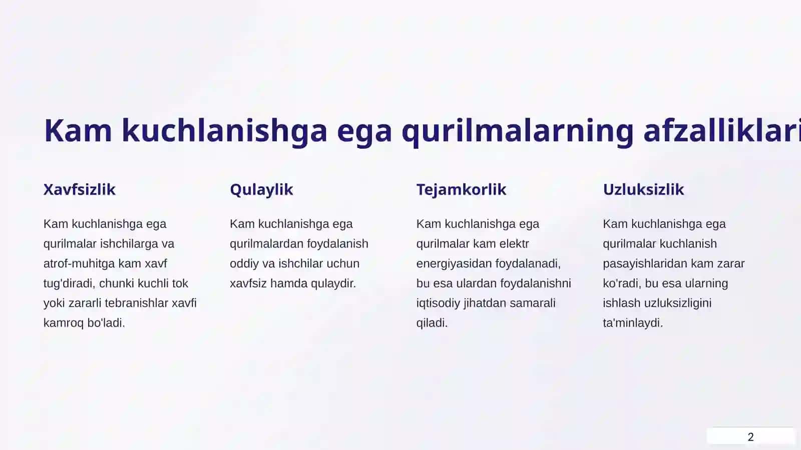 Sanoat miqiyosida kam kuchlanishga ega bo'lgan elektr qurilmalardan foydalanish 2