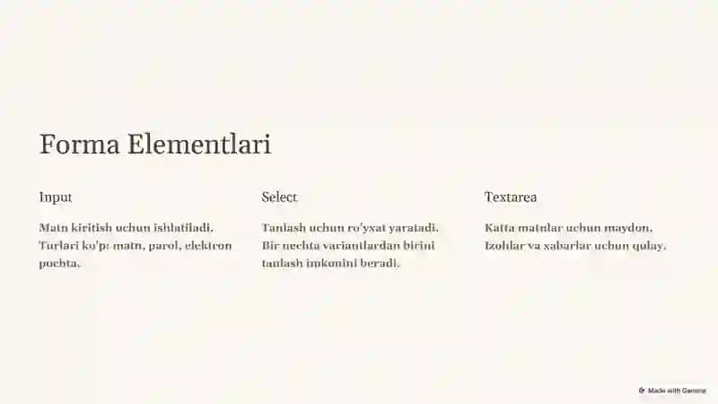 HTML Formlar Bilan Ishlash 2
