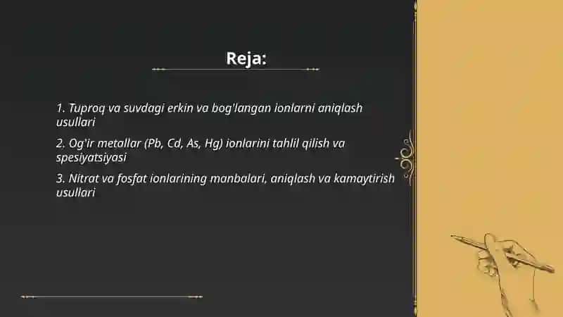 Tuproq suvning ifloslanishida ionlar boĝlanish birikmalari aniqlash ulardan tozalash 2