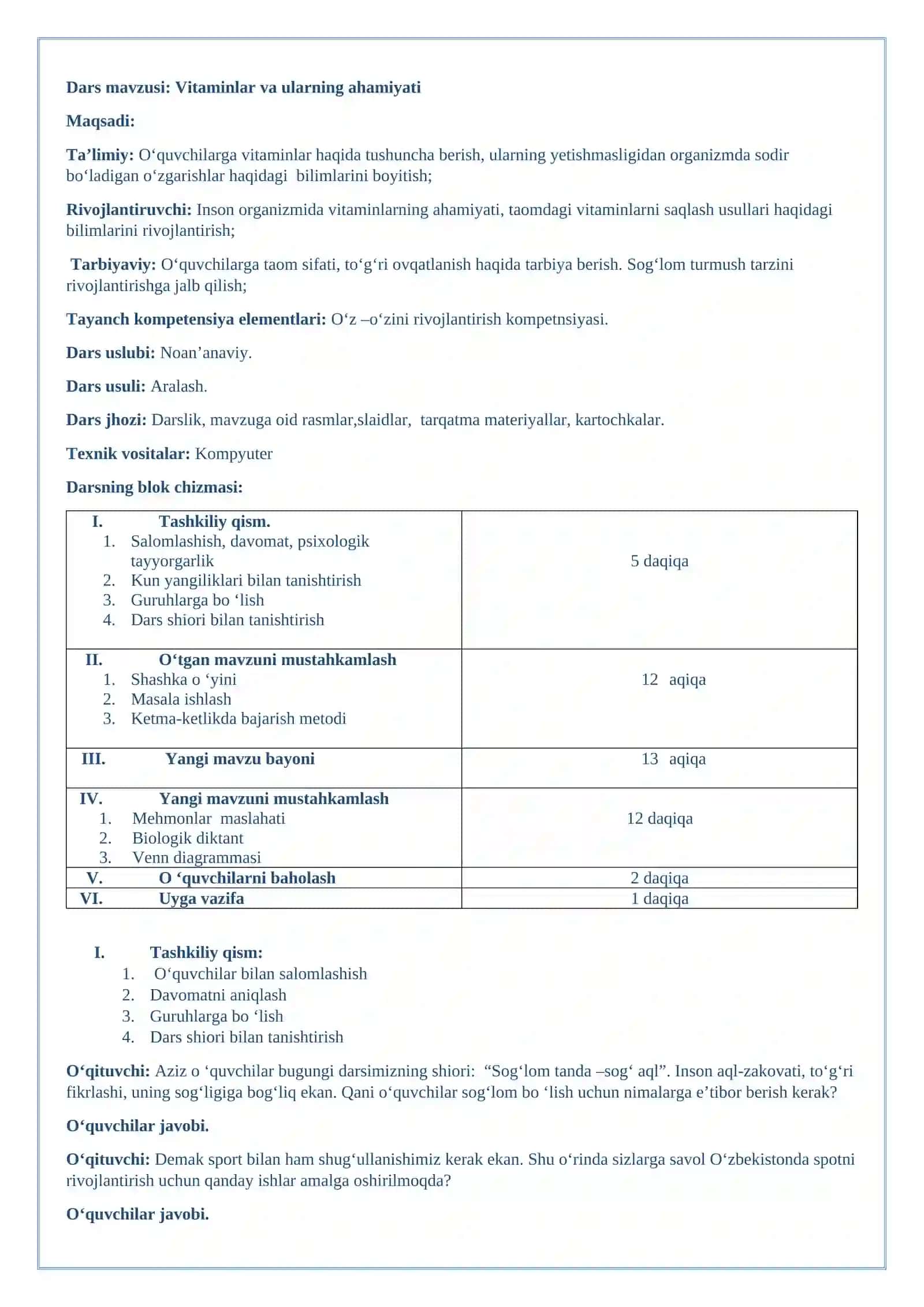 Biologiya fanidan 8-sinf uchun Vitaminlar va ularning ahamiyati dars ishlanmasi 2