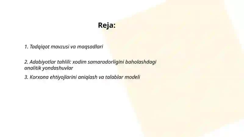 Korxonalarda xodimlar samaradorligini baholash uchun analitik model yaratish 2
