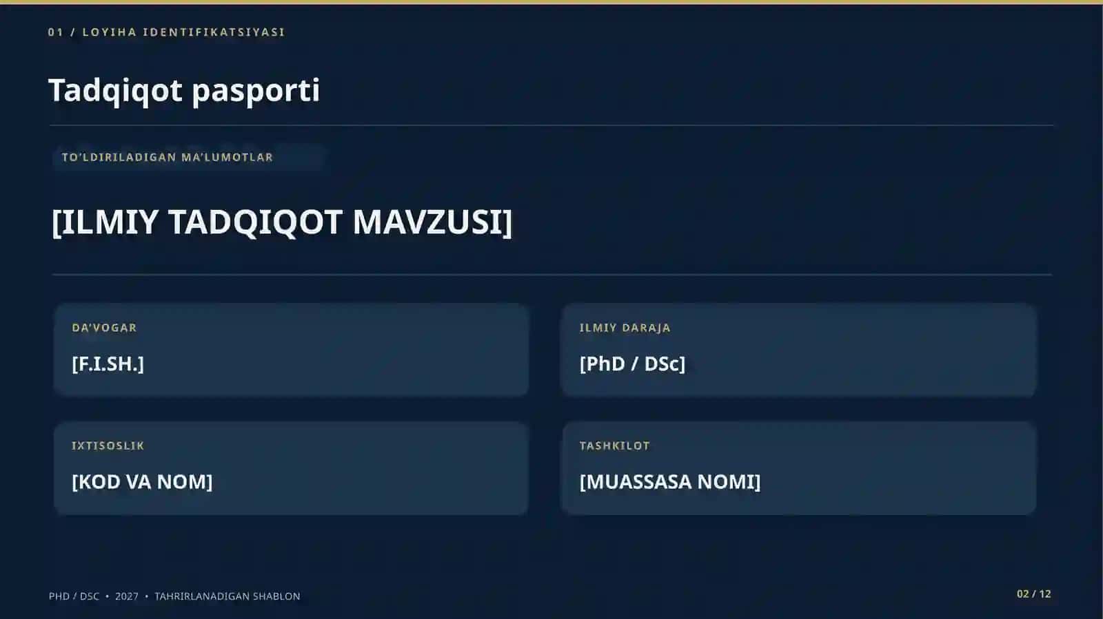 PhD / DSc tanlov taqdimoti uchun professional, tahrirlanadigan 12 slayd 2