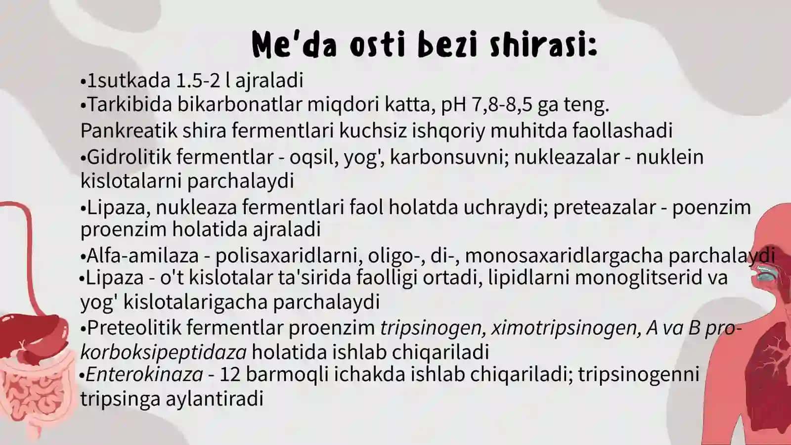 JIGARNING HAZM JARAYONIDAGI ROLI. OT-SAFRO AJRALISHI BOSHQARILISHI. OGʻIZ BO'SHLIGI VA ME'DADA OVQAT 2