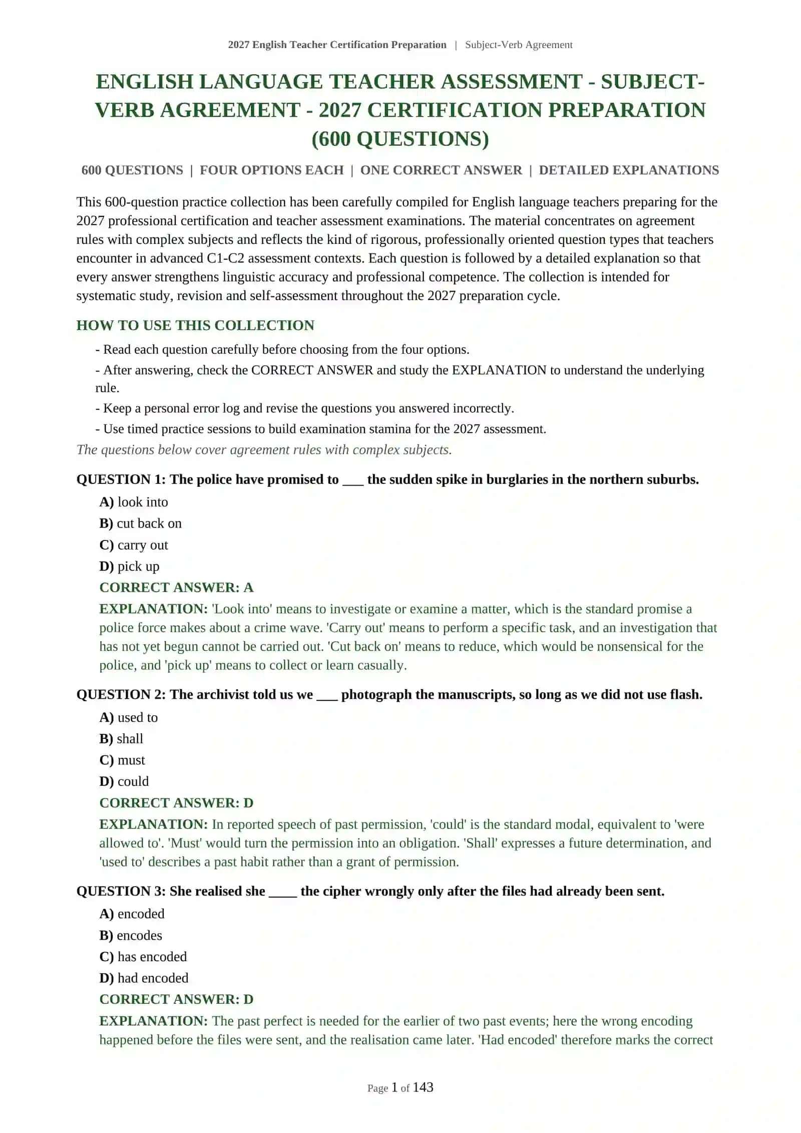 ENGLISH LANGUAGE TEACHER ASSESSMENT - SUBJECT-VERB AGREEMENT - 2027 CERTIFICATION PREPARATION (600 QUESTIONS) 2