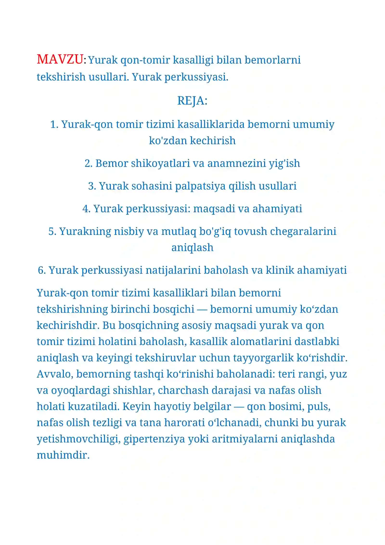 REFERRATI "Yurak qon-tomir kasalligi bilan bemorlarni tekshirish usullari. Yurak perkussiyasi" 2