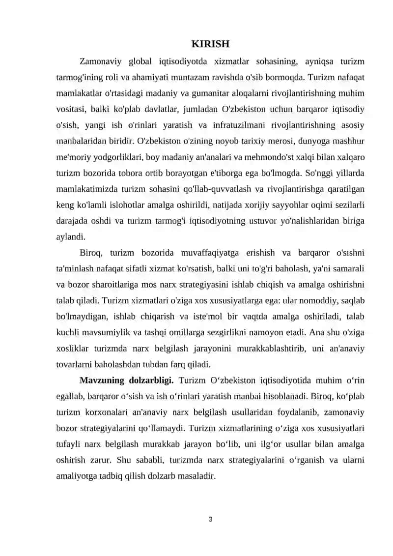 Turizmda narx belgilash strategiyalarining amaliy qo‘llanilishi 2