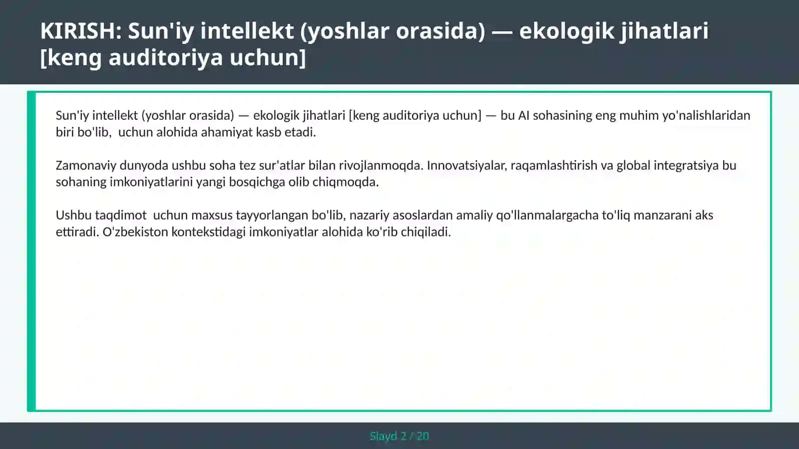 Sun'iy intellekt (yoshlar orasida) — ekologik jihatlari [keng auditoriya uchun] 2