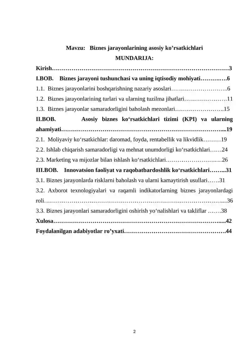 Biznes jarayonlarining asosiy ko’rsatkichlari 2