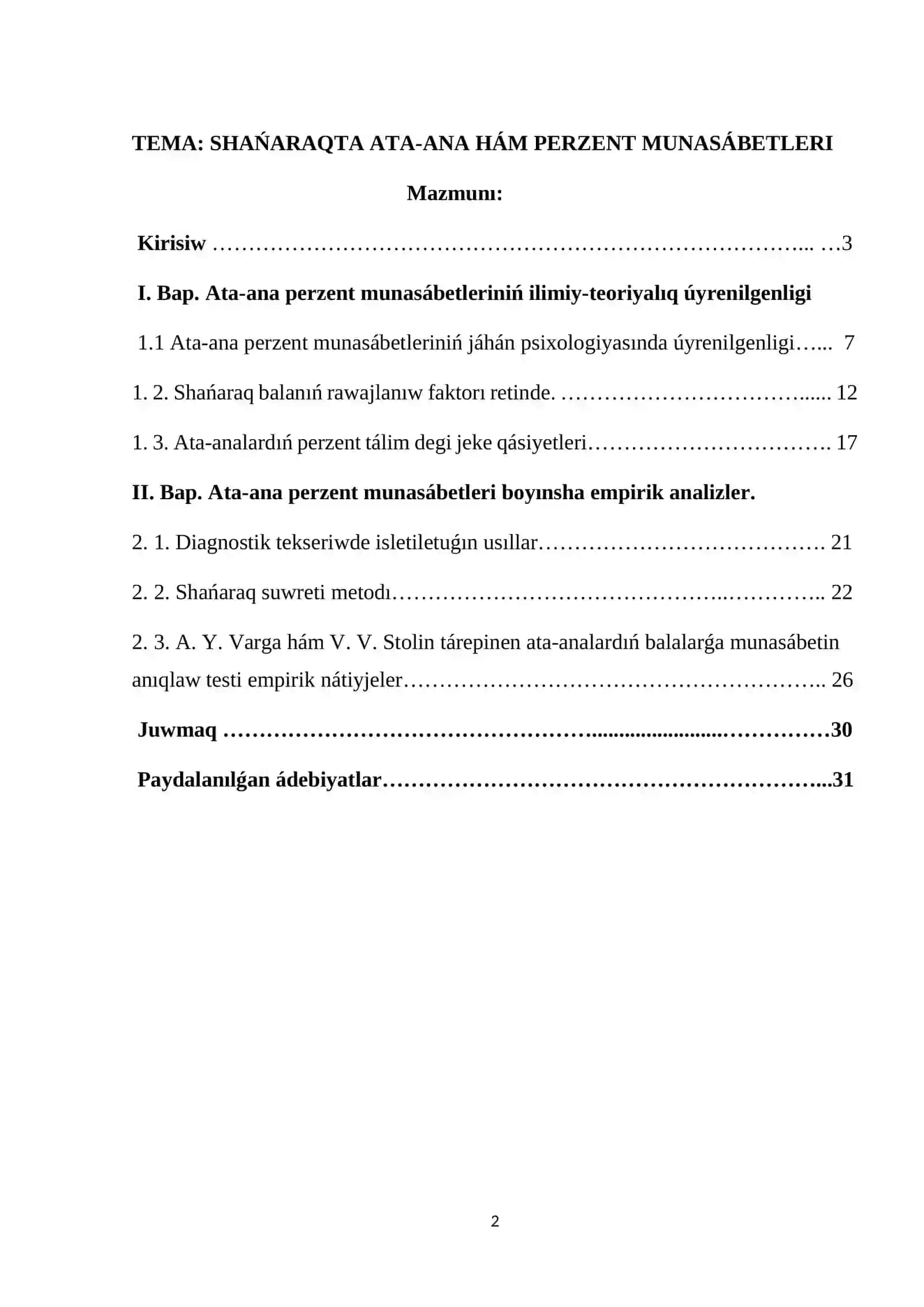 SHAŃARAQTA ATA-ANA HÁM PERZENT MUNASÁBETLERI 2