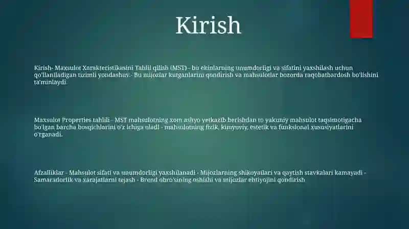 Kirish- Maxsulot Xarakteristikasini Tahlil qilish (MST) 2