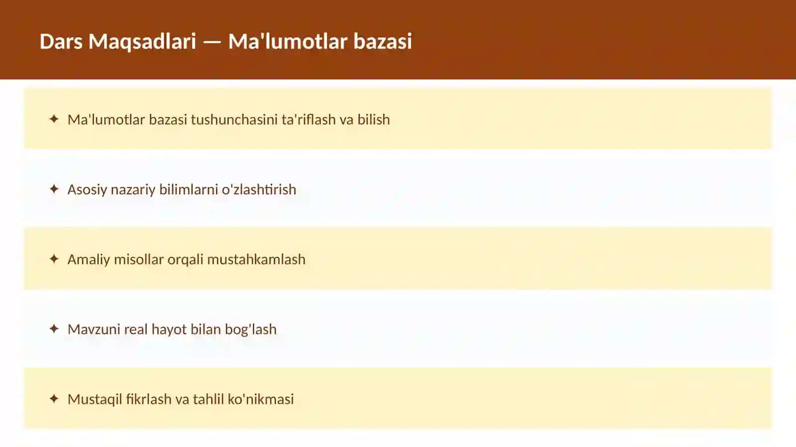 SQL O'qituvchilar va talabalar uchun dars ishlanma 2