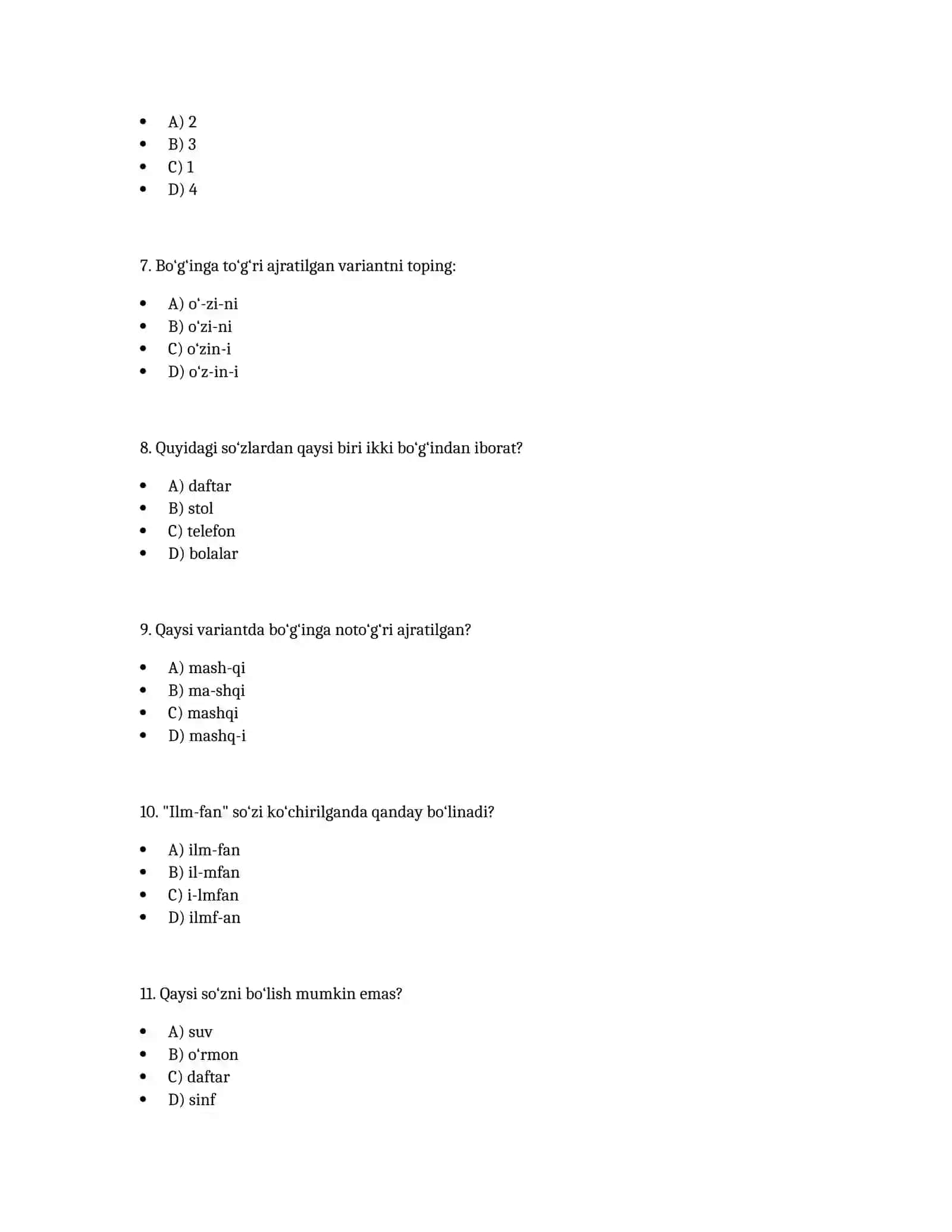 Bo‘g‘in ko‘chirish qoidalari – Test savollari 2