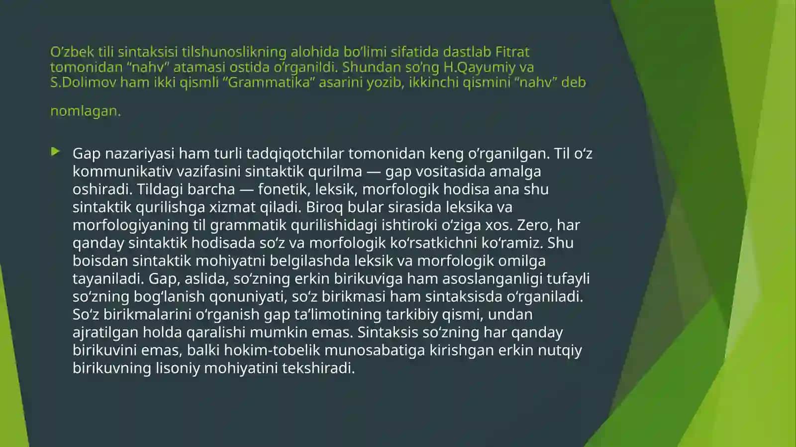 O’zbek tilshunosligida sintaksisning  o’rganilishi 2