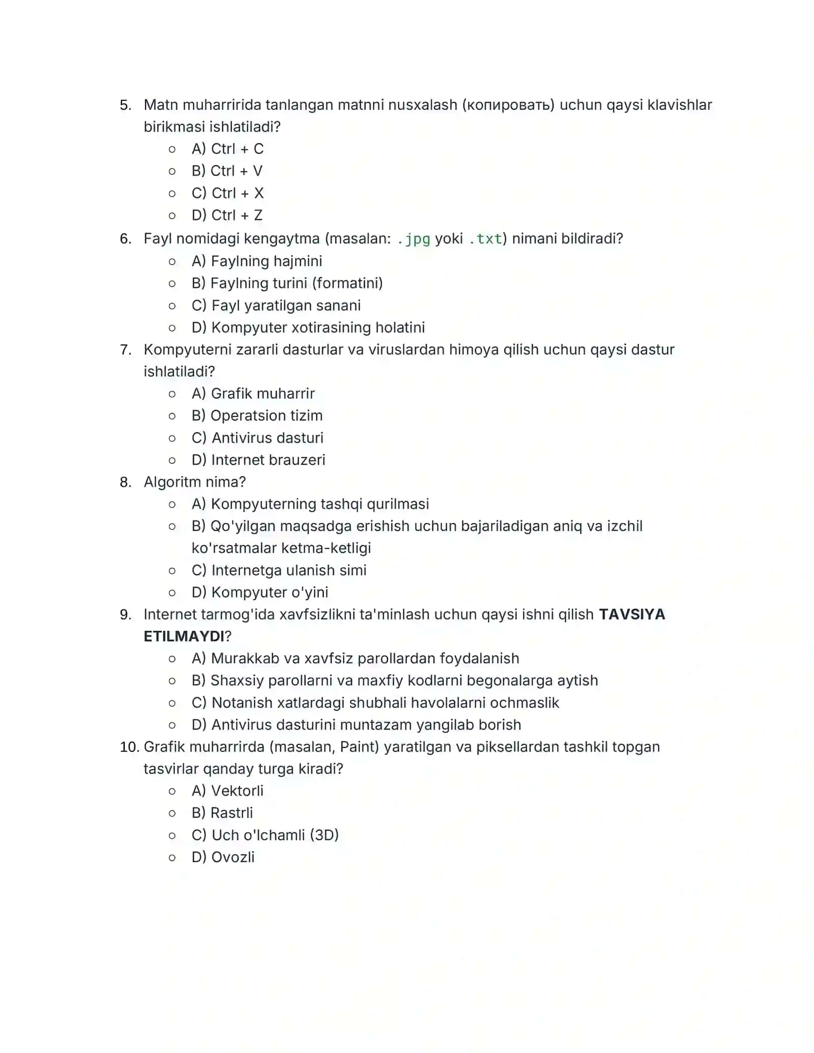 INFORMATIKA VA AXBOROT TEXNOLOGIYALARI 6-Sinf O'quvchilari Uchun Choraklik Nazorat Ishi 2