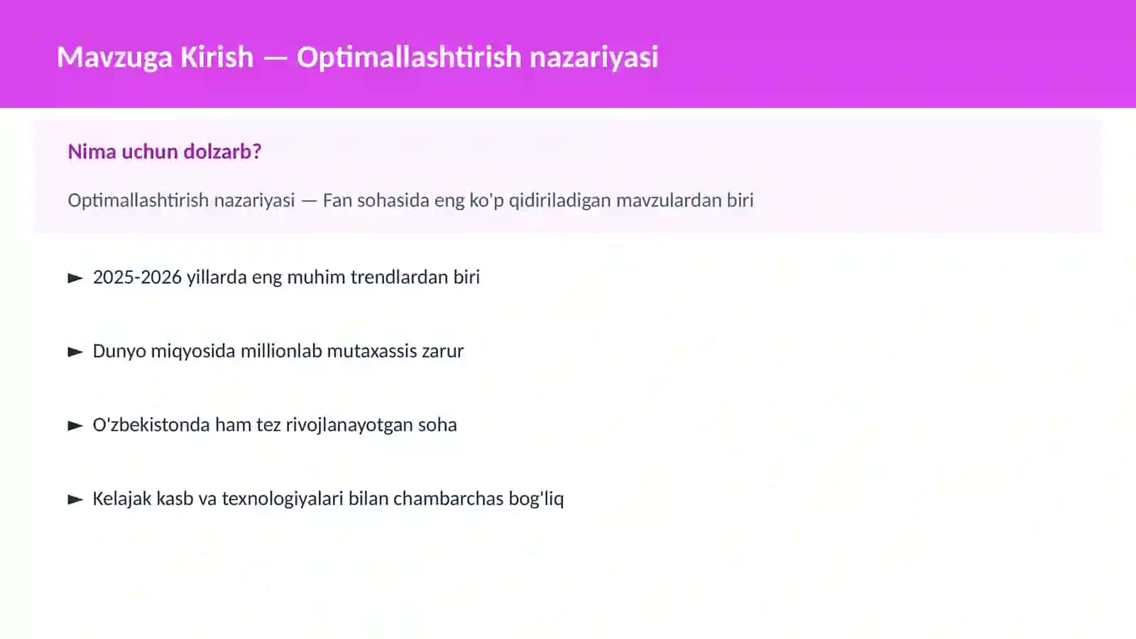 Optimallashtirish nazariyasi 2
