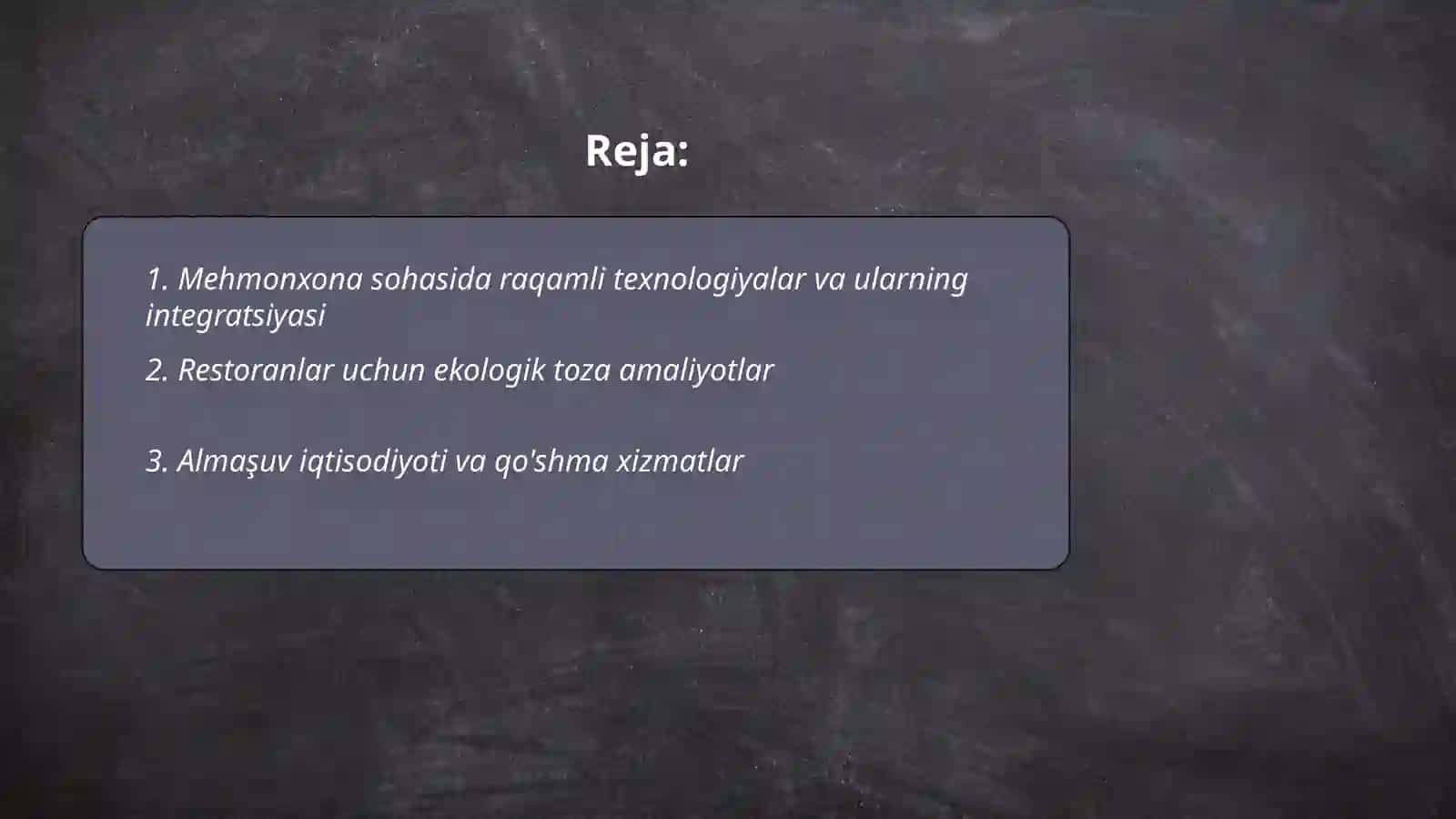 Jahon va mahalliy industriya rivojlanishining zamonaviy tendensiyalari (mehmonxona va restoran menejmenti bo'yicha) 2