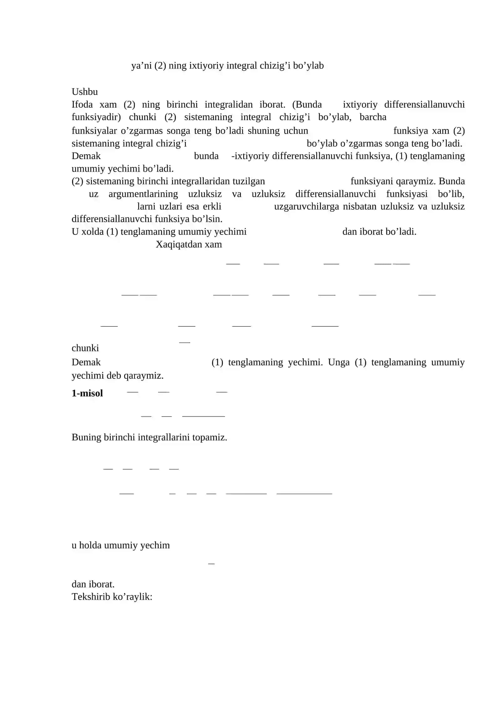 Birinchi tartibli xususiy hosilali chiziqli differenstial tenglamalar haqida tushuncha.Xususiy hosilali kvazichiziqlii differenstial tenglamalarnig xarakteristikalari.Yechim tushunchasi. Koshi masalasi 2