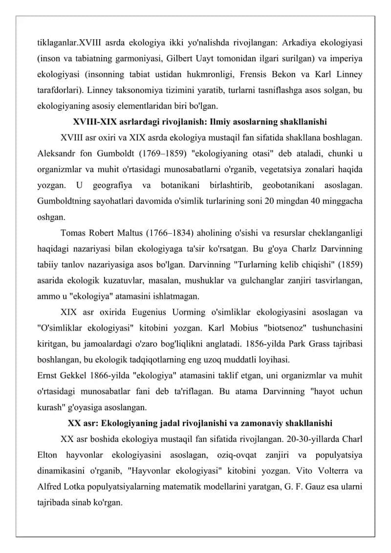Ekologiyaga oid bilimlarning shakllanishi tezis 2
