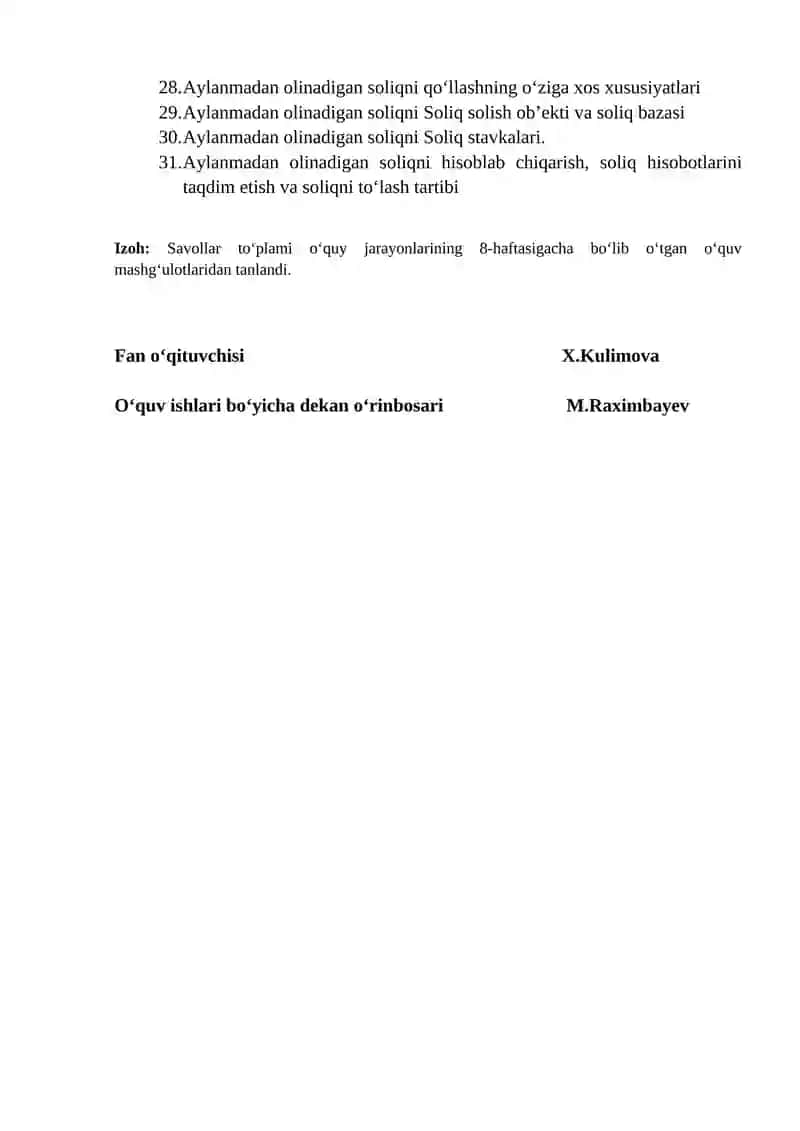 Soliq va Soliqqa Tortish fanidan Oraliq Nazorat Savollari 2