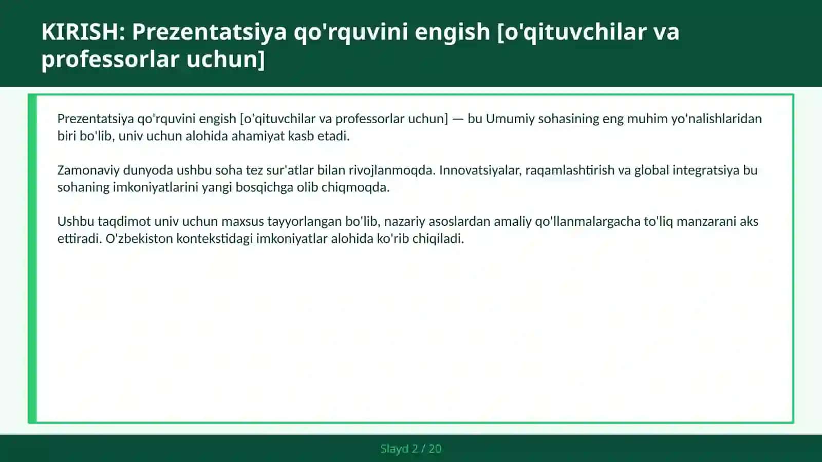 Prezentatsiya qo'rquvini engish [o'qituvchilar va professorlar uchun] 2