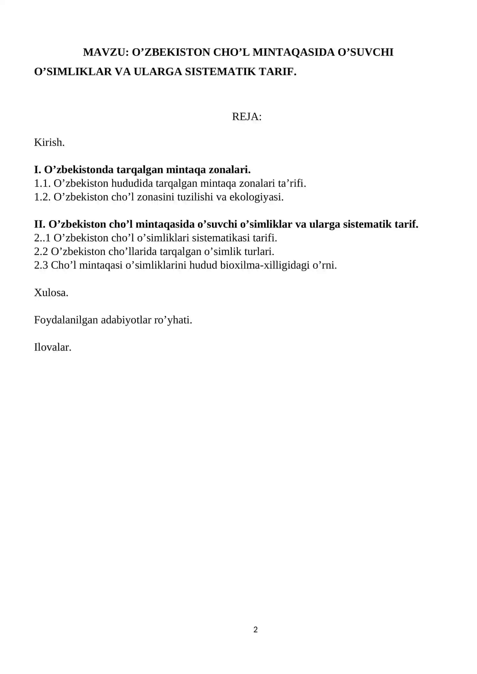 O’ZBEKISTON CHO’L MINTAQASIDA O’SUVCHI O’SIMLIKLAR VA ULARGA SISTEMATIK TARIF 2