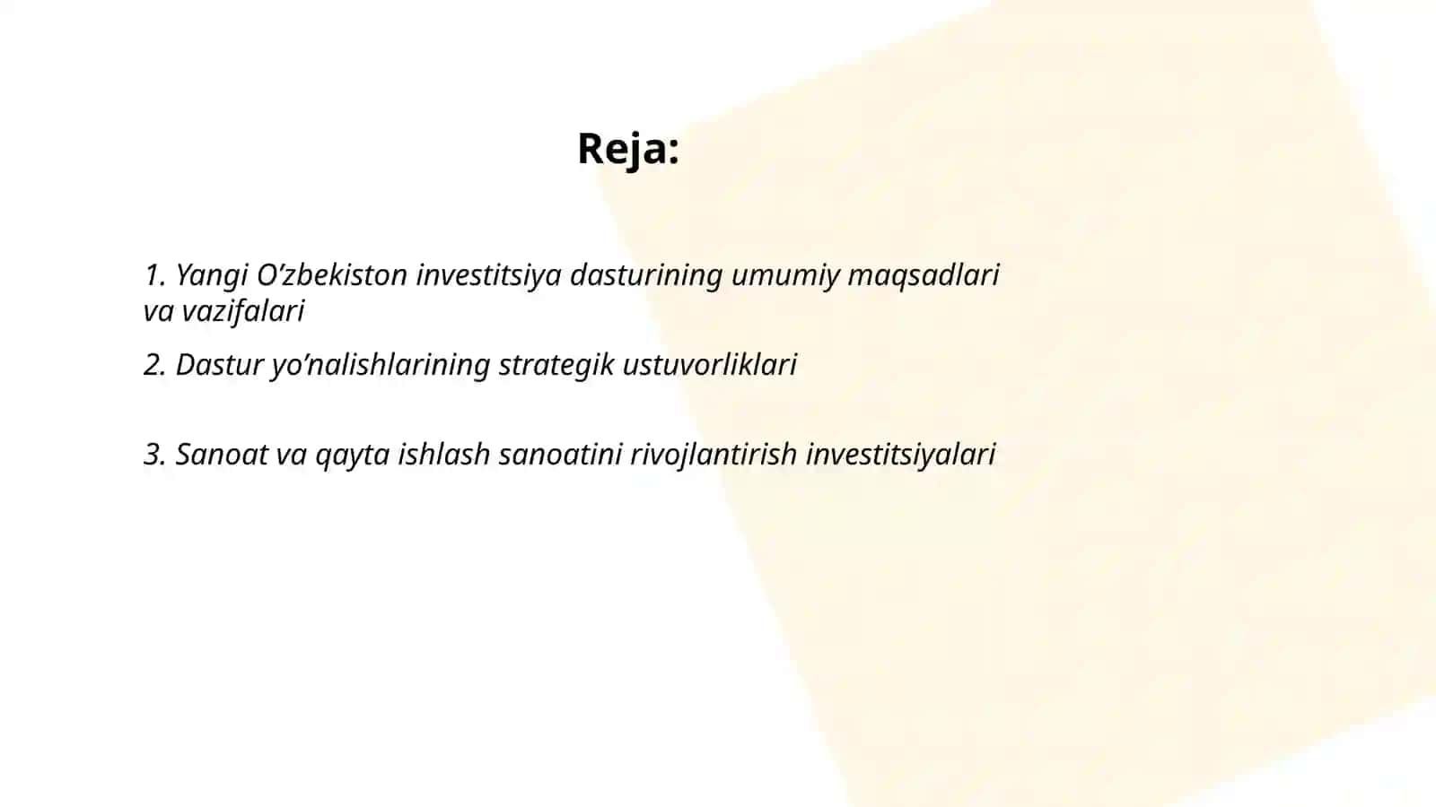 Yangi O’zbekistonning investitsiya dasturi yo’nalishlari bo`yicha taqdimot tayyorlash 2