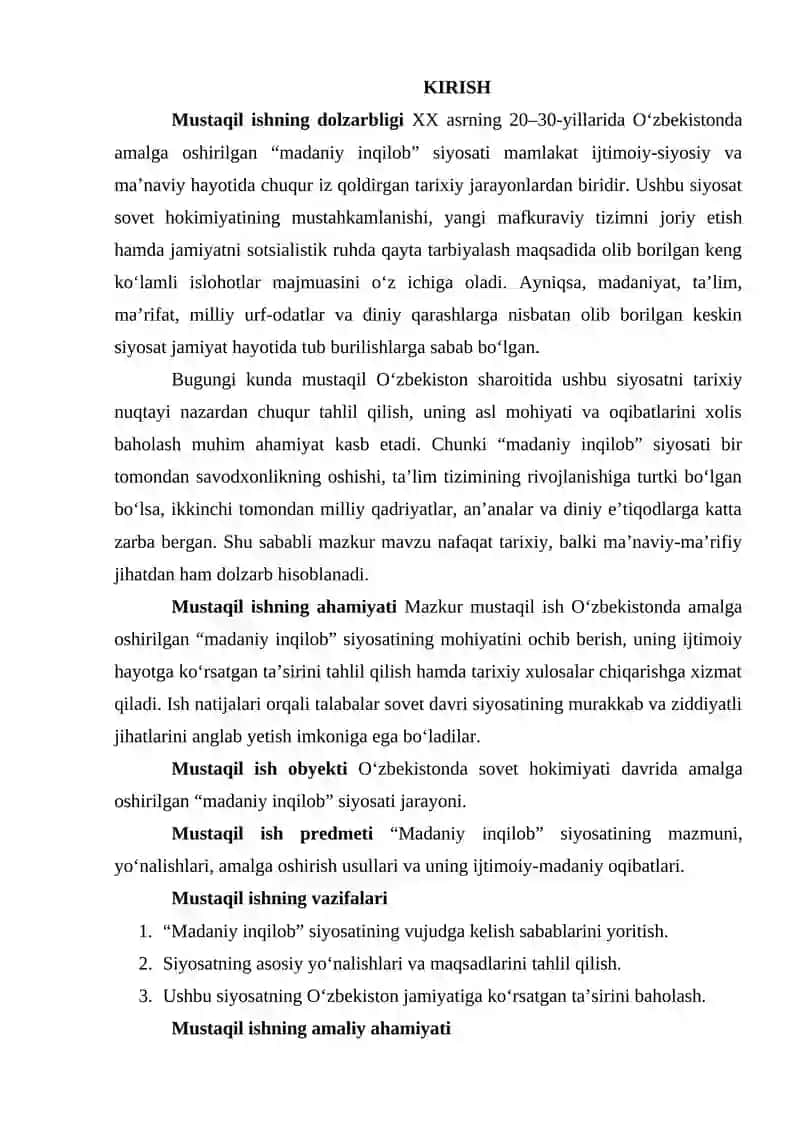 OʻZBEKISTONDA "MADANIY INQILOB" SIYOSATI VA UNING OQIBATLARI 2