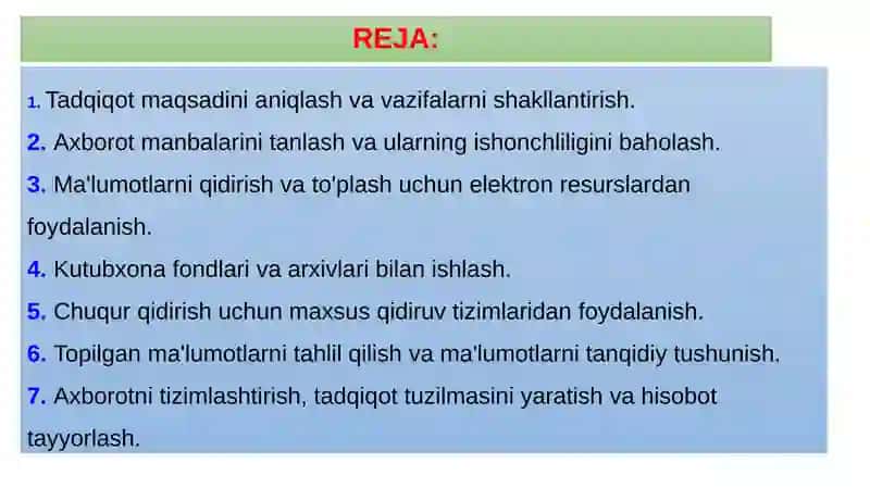 ILMIY MA'LUMOTLARNI QIDIRISH, TIZIMLASHTIRISH VA TAHLIL QILISH 2