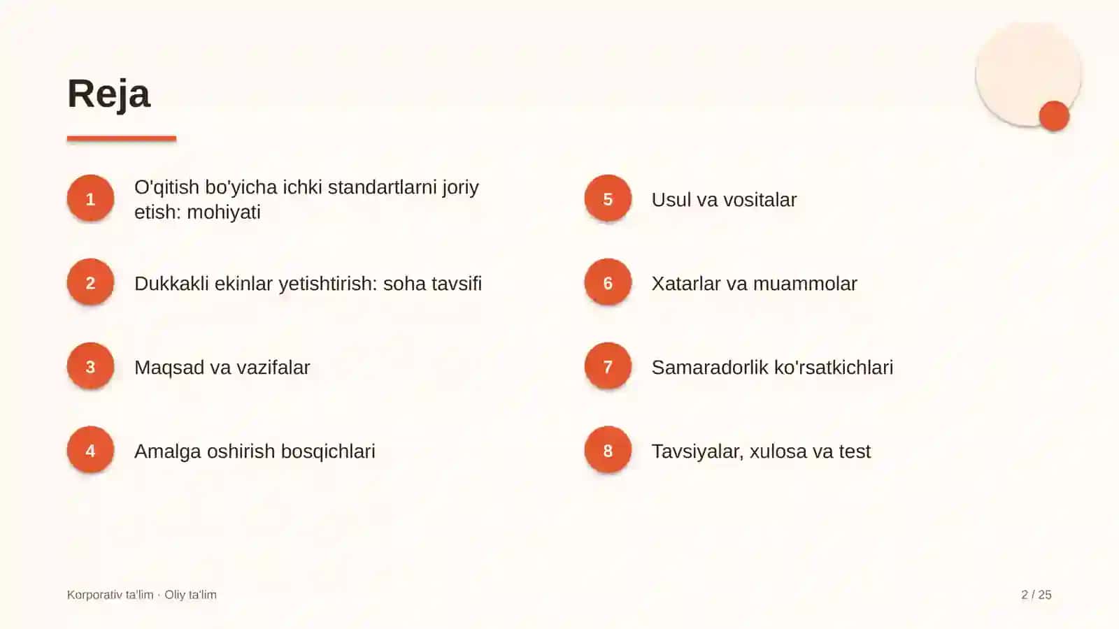 Dukkakli ekinlar yetishtirishda o'qitish sohasidagi ichki standartlarni joriy etish 2