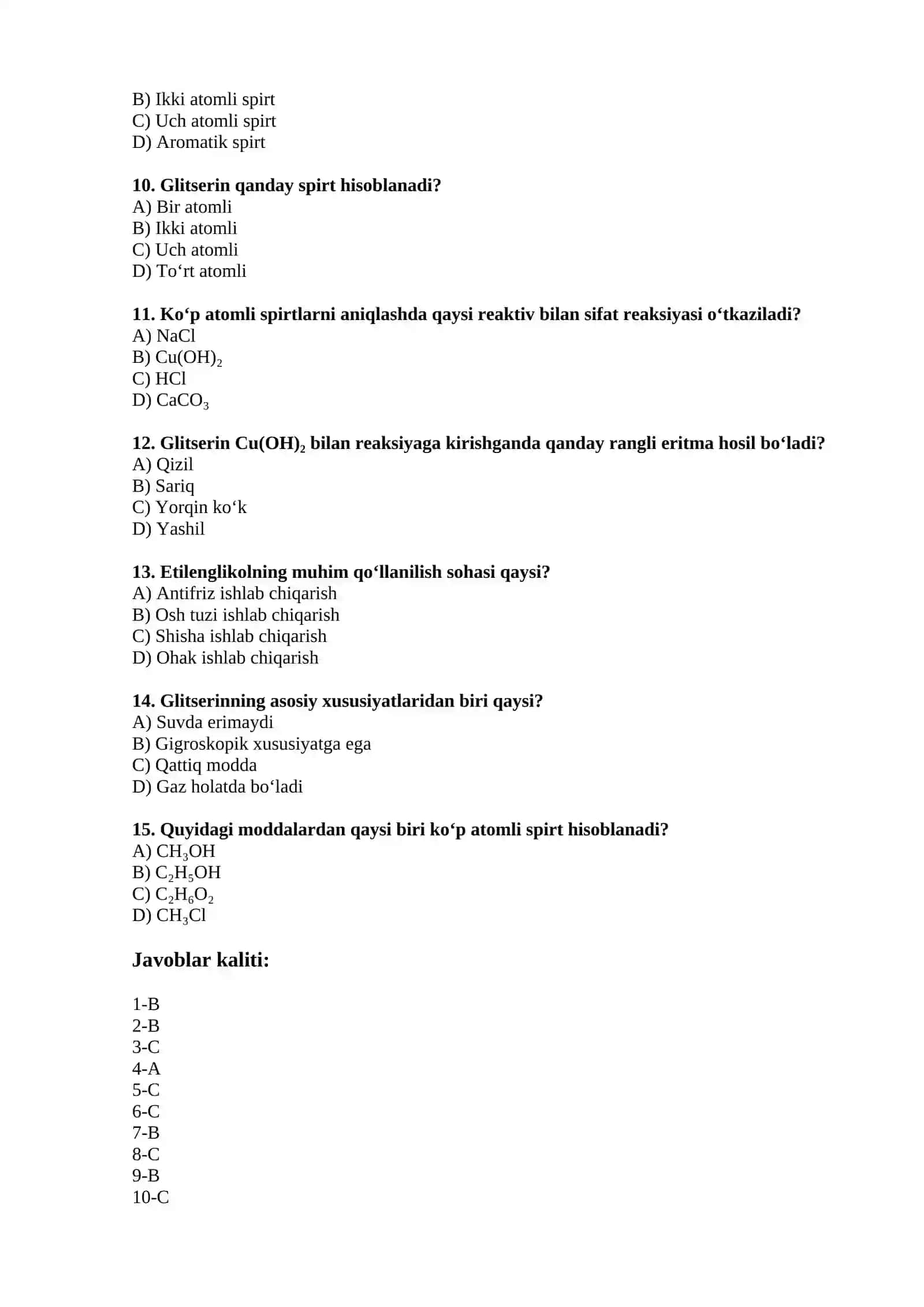 Etilenglikol va Glitserin haqida test savollari 2
