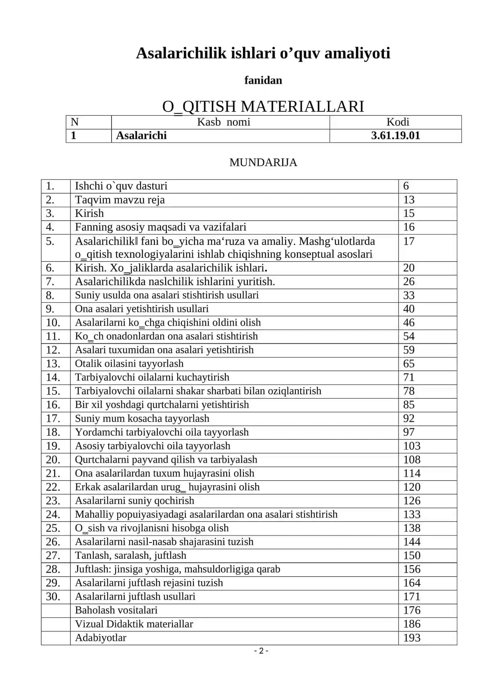 Asalarichilik ishlari o’quv amaliyoti fanidan O‗QITISH MATERIALLARI 2