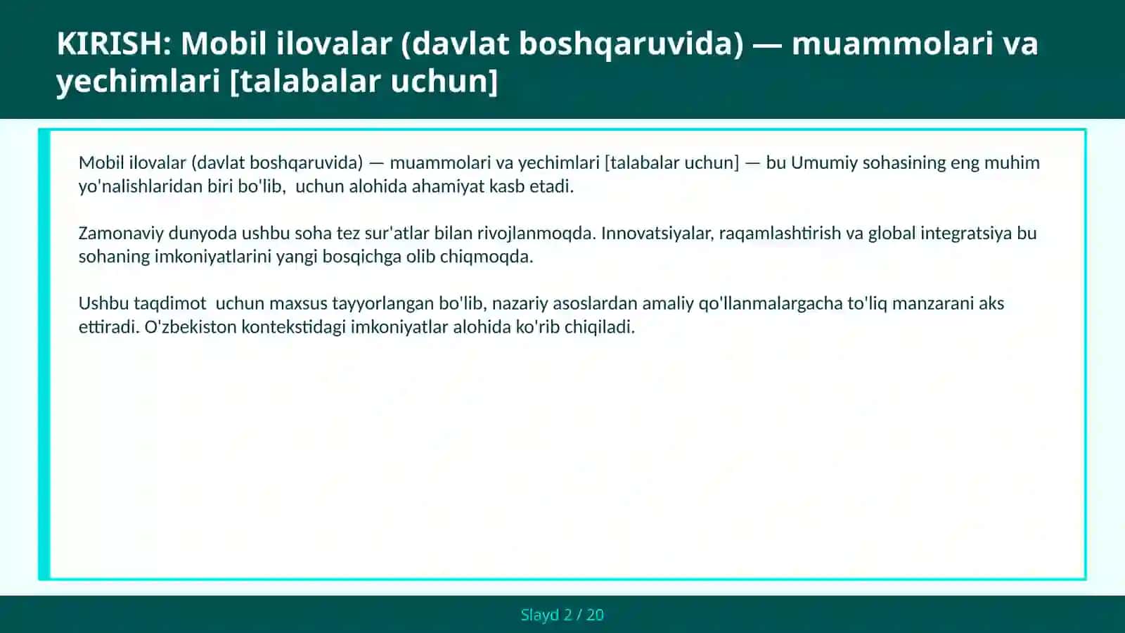 Mobil ilovalar (davlat boshqaruvida) — muammolari va yechimlari [talabalar uchun] 2