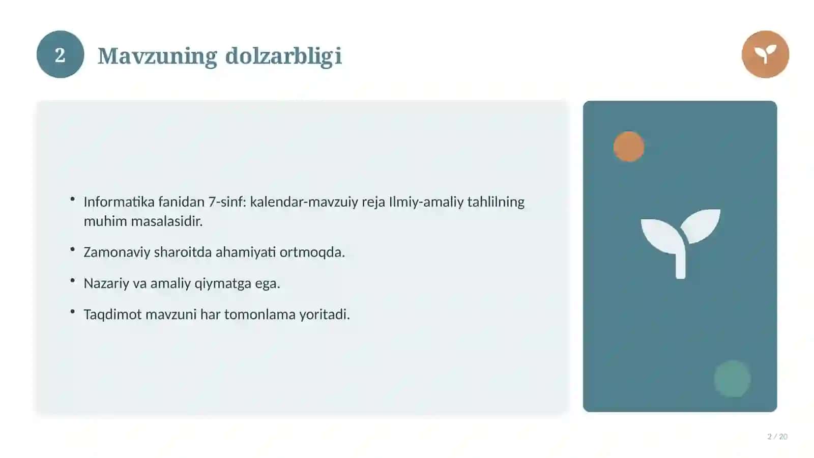 Informatika fanidan 7-sinf: kalendar-mavzuiy reja 2