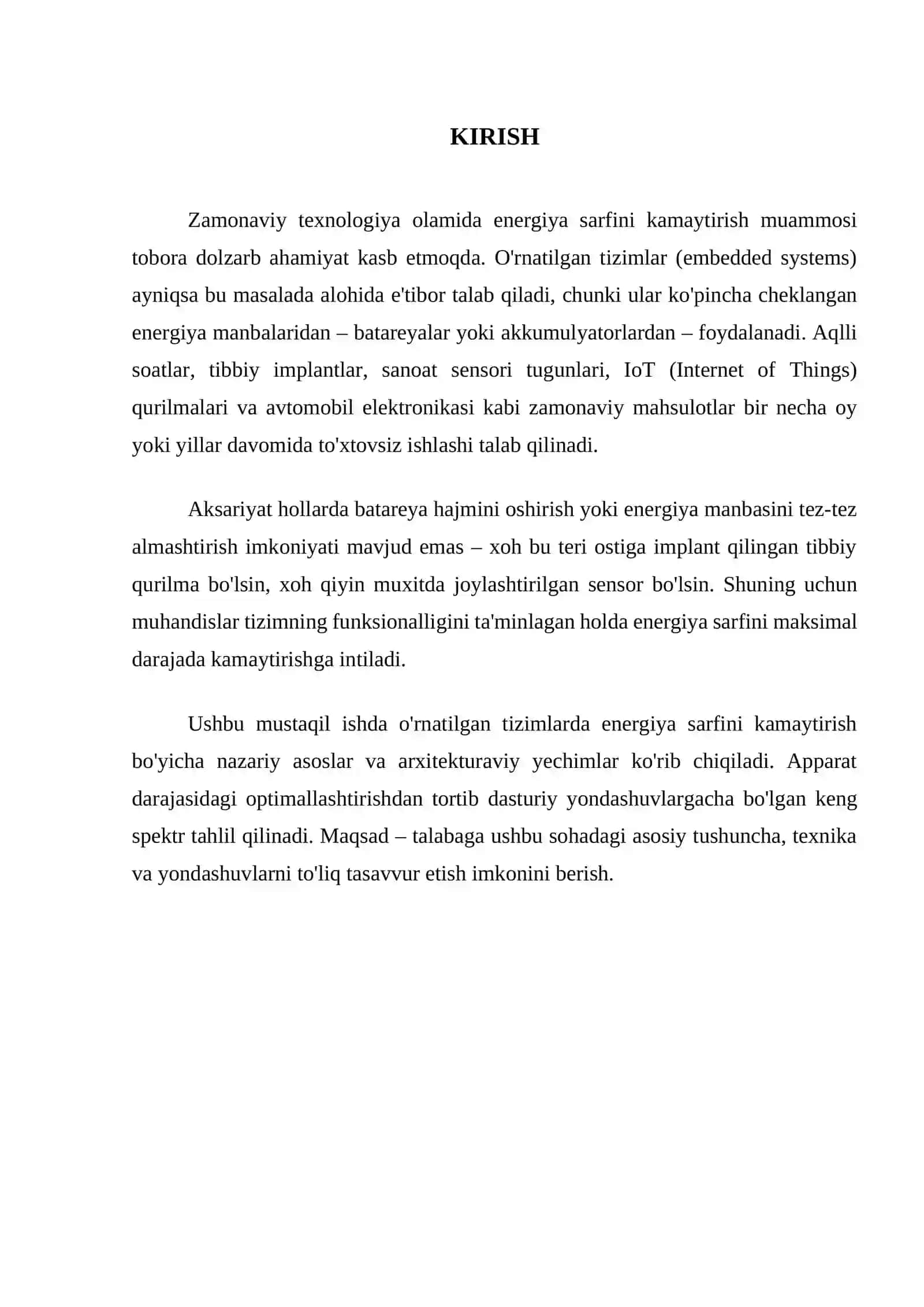 Energiya sarfini kamaytirishga qaratilgan embedded arxitektura yechimlari va nazariy asoslari 2