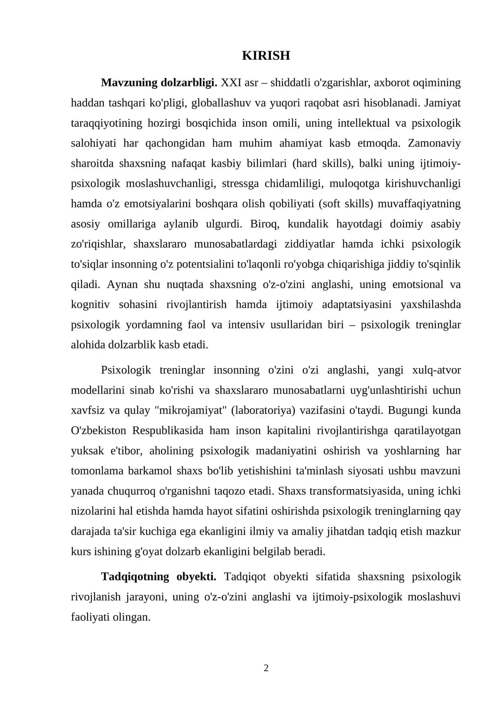 Shaxsga psixologik treninglarning ta'siri mavzusidagi kurs ishi 2