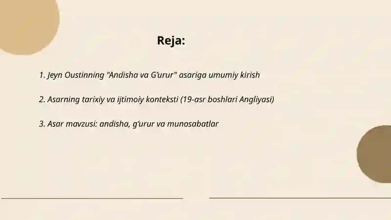 Jeyn Oustinning Andisha va G’urur asari asosida taqdimot tayyorlash 2