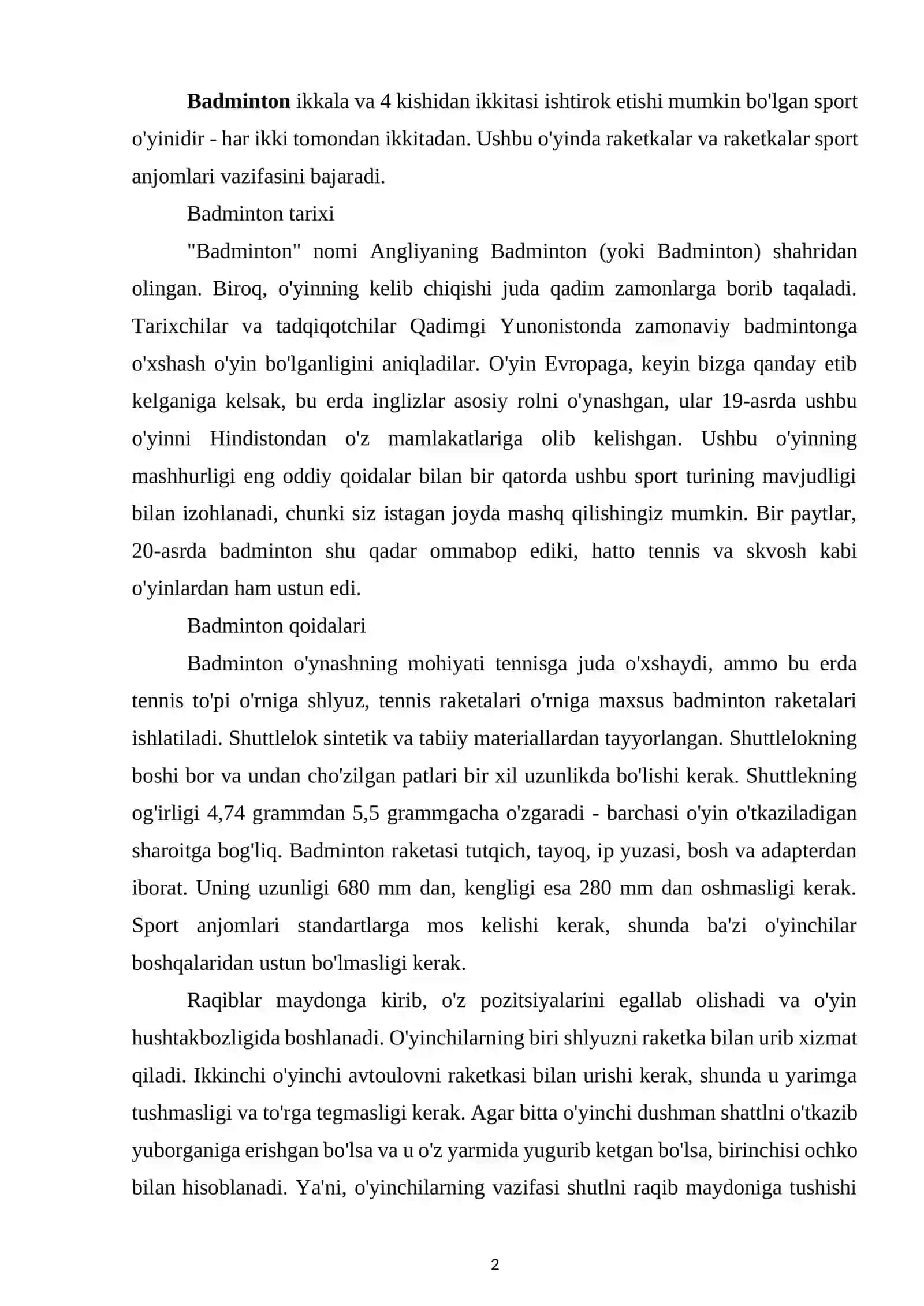 Badminton o‘yin texnikasi 2