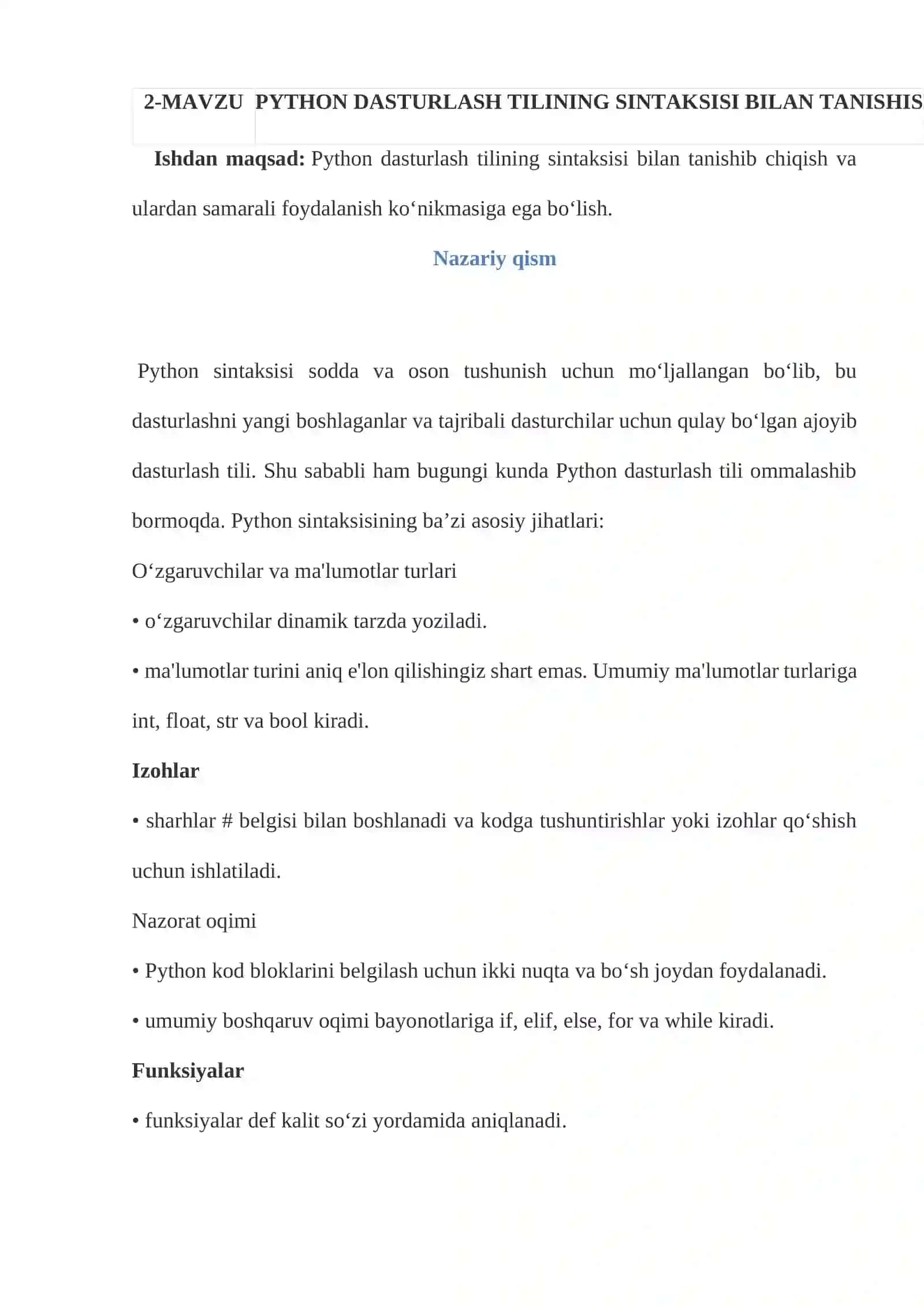 PYTHON DASTURLASH TILINING SINTAKSISI BILAN TANISHISH 2