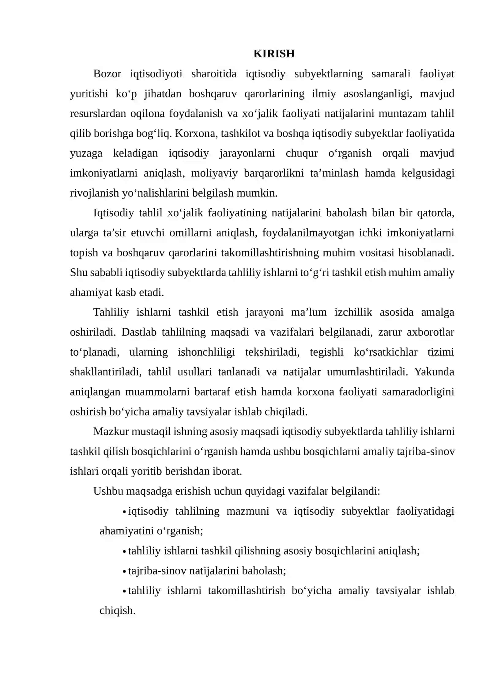 IQTISODIY SUBYEKTLARDA TAHLILIY ISHLARNI TASHKIL QILISH BOSQICHLARI MAVZUSI YUZASIDAN TAJRIBA-SINOV ISHLARINI AMALGA OSHIRISH 2